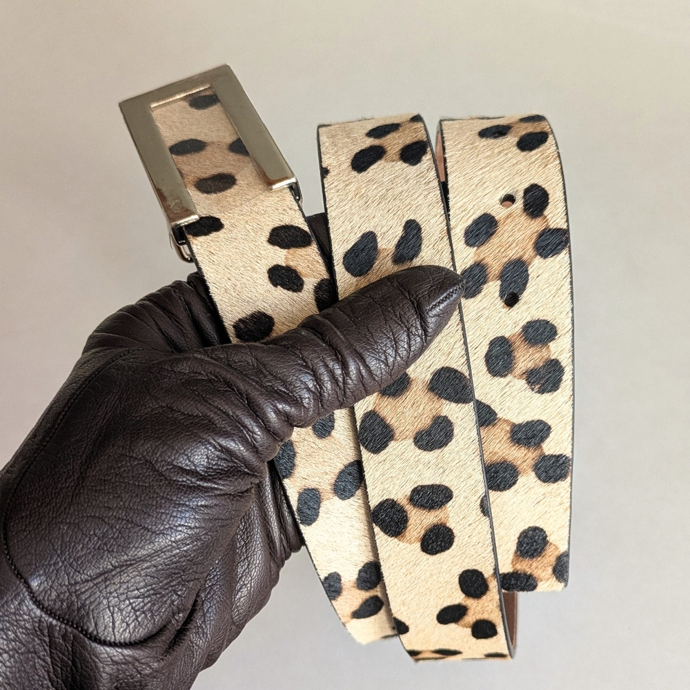 Chico's Leopard Calf Hair Leather Belt Hair On Hide Animal Print Gold Buckle Med